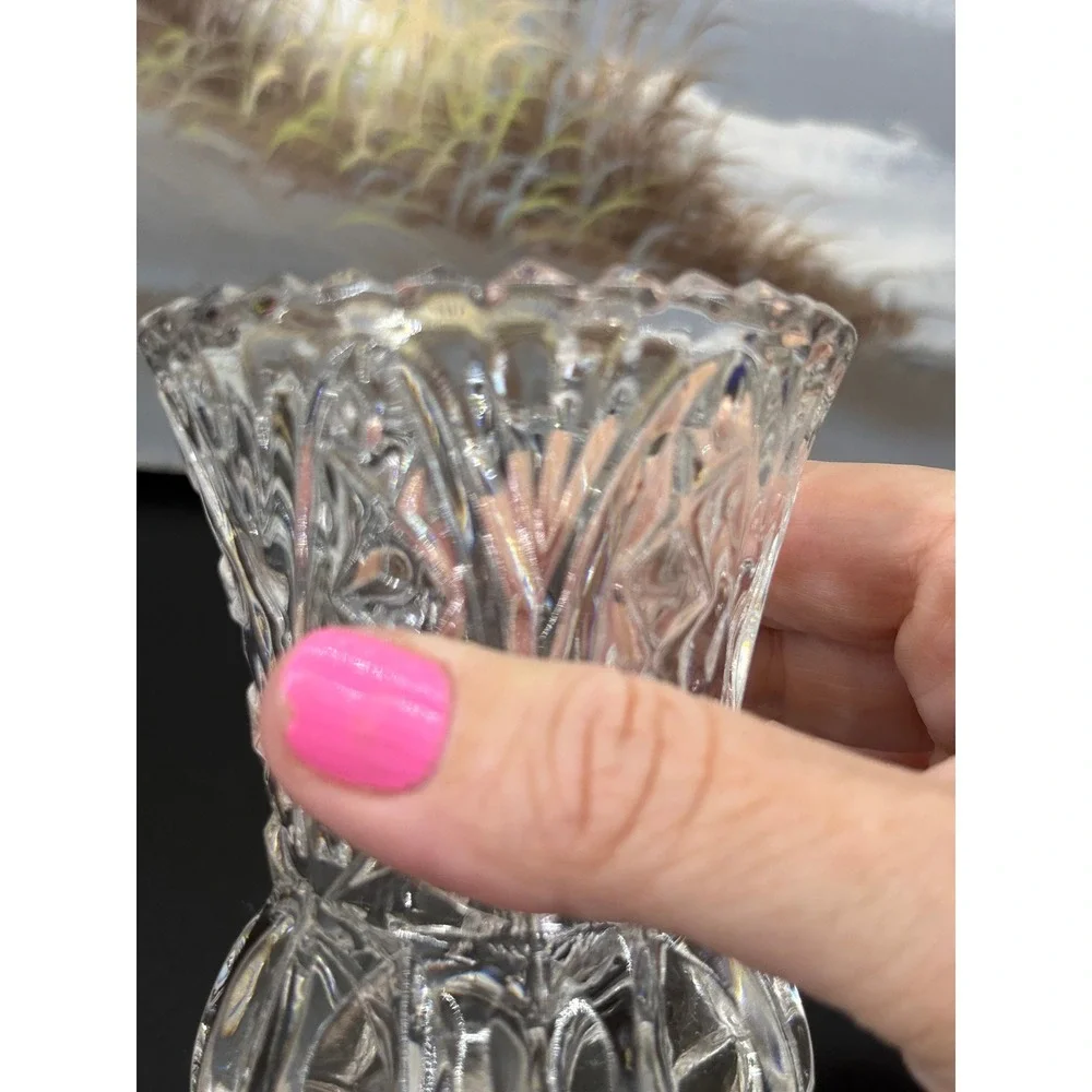 Vintage Miniature Cut Glass Bud Vase Thistle Shape Scalloped Rim 4.5 Inch